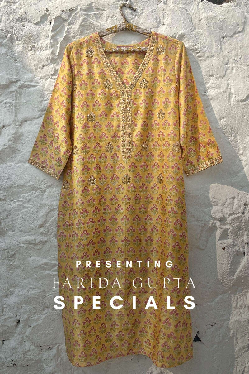 FG Specials: 1 of 1- Yellow Hand Block-Printed Chanderi Kurta Set- Medium Size
