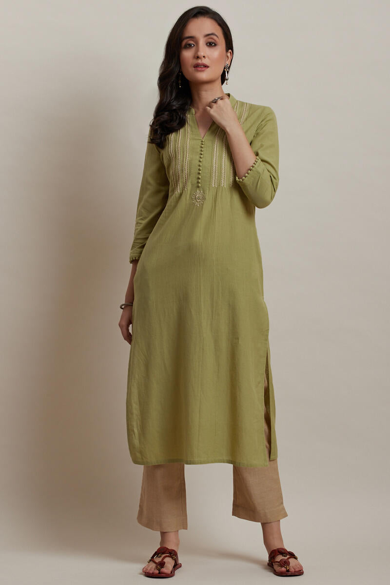 Kashida Green Kurta